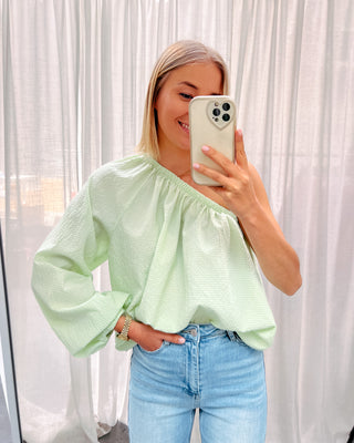 JULOT ONE SHOULDER CHECKED BLOUSE - LIGHT GREEN - By Lenz