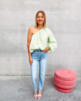 JULOT ONE SHOULDER CHECKED BLOUSE - LIGHT GREEN - By Lenz