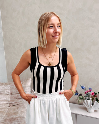 LOVELY RUFFLE TOP - BLACK/CREAM STRIPES