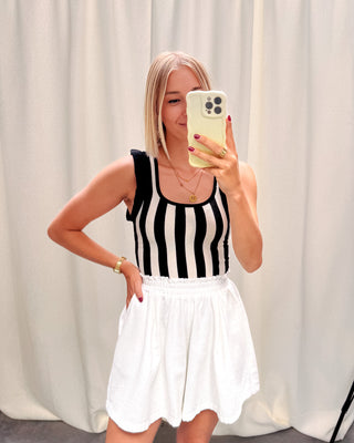 LOVELY RUFFLE TOP - BLACK/CREAM STRIPES