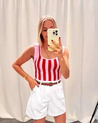 LOVELY RUFFLE TOP - RED/PINK STRIPES