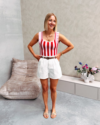 LOVELY RUFFLE TOP - RED/PINK STRIPES