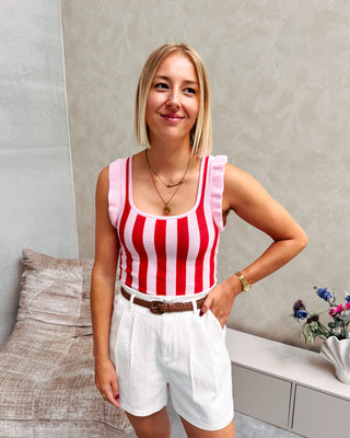 LOVELY RUFFLE TOP - RED/PINK STRIPES