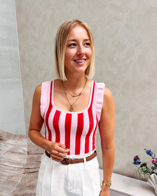 LOVELY RUFFLE TOP - RED/PINK STRIPES