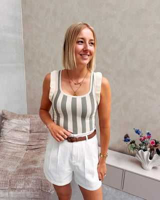 LOVELY RUFFLE TOP - KAKI/CREAM STRIPES