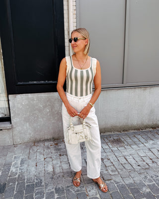 LOVELY RUFFLE TOP - KAKI/CREAM STRIPES