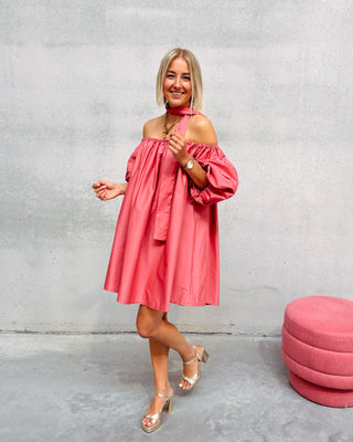 CELESTE CORAL OFF SHOULDER DRESS