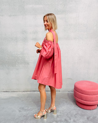 CELESTE CORAL OFF SHOULDER DRESS