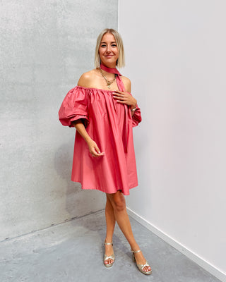 CELESTE CORAL OFF SHOULDER DRESS