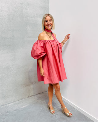 CELESTE CORAL OFF SHOULDER DRESS