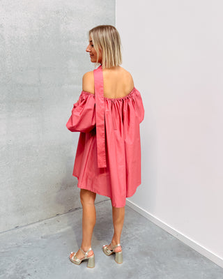 CELESTE CORAL OFF SHOULDER DRESS