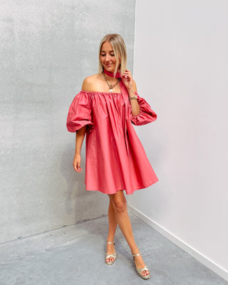 CELESTE CORAL OFF SHOULDER DRESS