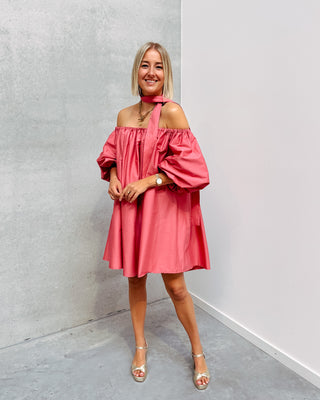 CELESTE CORAL OFF SHOULDER DRESS