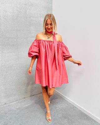 CELESTE CORAL OFF SHOULDER DRESS