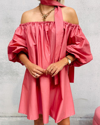 CELESTE CORAL OFF SHOULDER DRESS