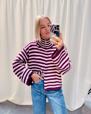 COLBY COLL KNIT - BURGUNDY/PINK STRIPES - By Lenz