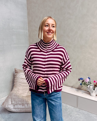 COLBY COLL KNIT - BURGUNDY/PINK STRIPES - By Lenz