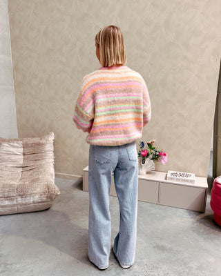 Model draagt een jeansbroek met daarop een regenboog trui in pastelkleurtjes.