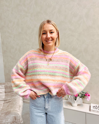 Model draagt een regenboog trui in pastelkleurtjes.