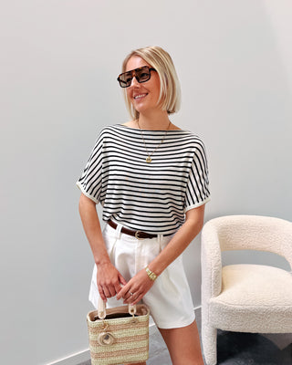 LIEKE TRICOT TEE - WHITE & BLACK STRIPES - By Lenz