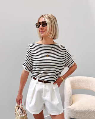 LIEKE TRICOT TEE - WHITE & BLACK STRIPES - By Lenz