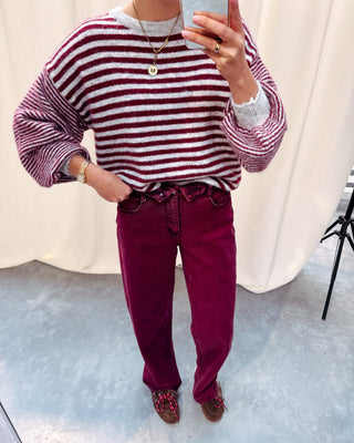 LAURA STRIPED KNIT - GREY/BURGUNDY - By Lenz