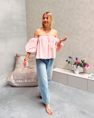 FLIRTY LINES BLOUSE - CREAM/PINK - By Lenz