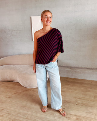 MABEL ONE SHOULDER STRIPED TEE - BURGUNDY/NAVY BLUE