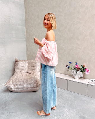 FLIRTY LINES BLOUSE - CREAM/PINK - By Lenz