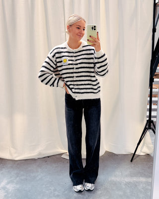SMILEY & STRIPES CARDIGAN - CREAM/BLACK - By Lenz