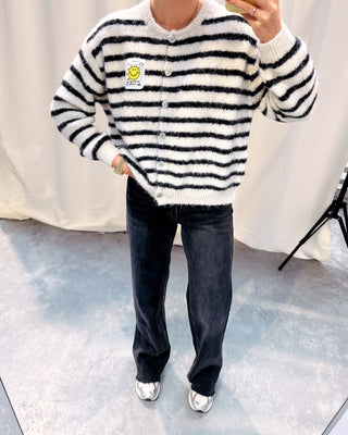 SMILEY & STRIPES CARDIGAN - CREAM/BLACK - By Lenz