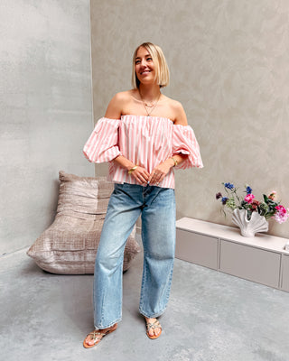 FLIRTY LINES BLOUSE - CREAM/PINK - By Lenz