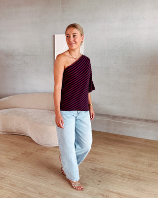 MABEL ONE SHOULDER STRIPED TEE - BURGUNDY/NAVY BLUE