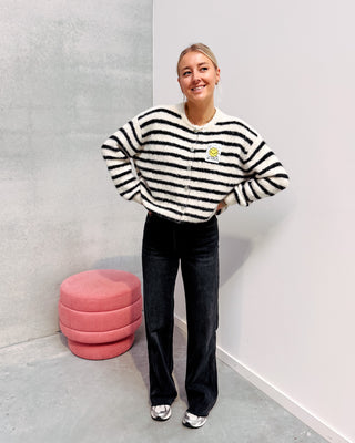 SMILEY & STRIPES CARDIGAN - CREAM/BLACK - By Lenz