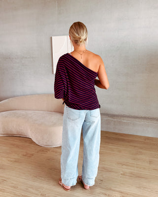 MABEL ONE SHOULDER STRIPED TEE - BURGUNDY/NAVY BLUE