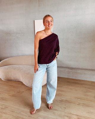 MABEL ONE SHOULDER STRIPED TEE - BURGUNDY/NAVY BLUE