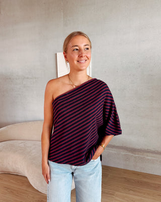 MABEL ONE SHOULDER STRIPED TEE - BURGUNDY/NAVY BLUE
