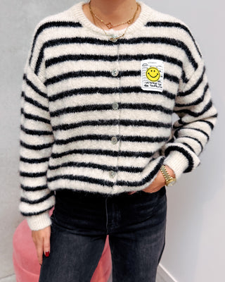 SMILEY & STRIPES CARDIGAN - CREAM/BLACK - By Lenz