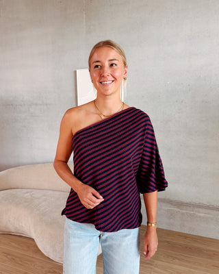 MABEL ONE SHOULDER STRIPED TEE - BURGUNDY/NAVY BLUE