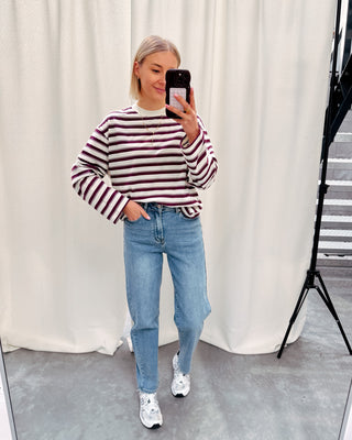 EDDA STRIPED TEE - CREAM/BURGUNDY - By Lenz