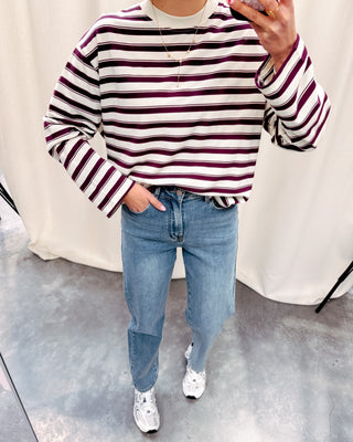 EDDA STRIPED TEE - CREAM/BURGUNDY - By Lenz