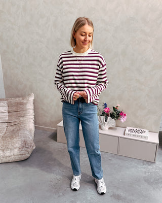 EDDA STRIPED TEE - CREAM/BURGUNDY - By Lenz