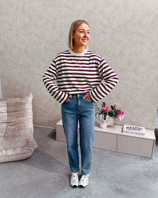 EDDA STRIPED TEE - CREAM/BURGUNDY - By Lenz