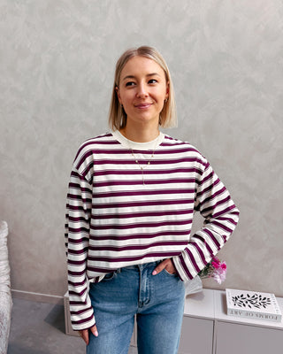 EDDA STRIPED TEE - CREAM/BURGUNDY - By Lenz
