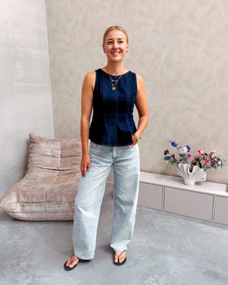 PEPLUM DENIM TOP - DARK BLUE