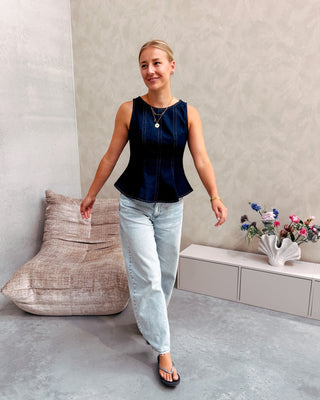 PEPLUM DENIM TOP - DARK BLUE