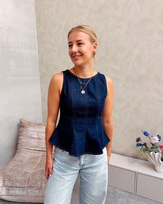 PEPLUM DENIM TOP - DARK BLUE
