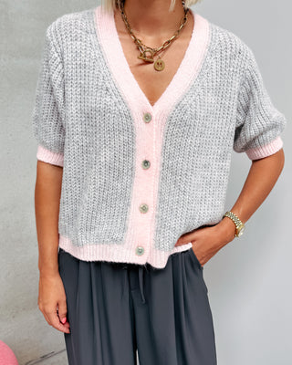 COLOR BLOCK BUTTON KNIT - GREY/PINK