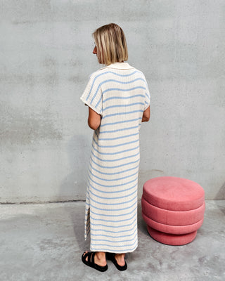 CLARA KNITTED POLO DRESS - BLUE/WHITE - By Lenz