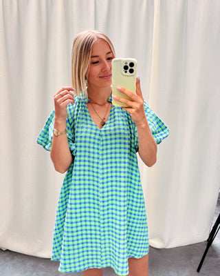 COZETTE CHECK DRESS - GREEN/COBALT BLUE - By Lenz